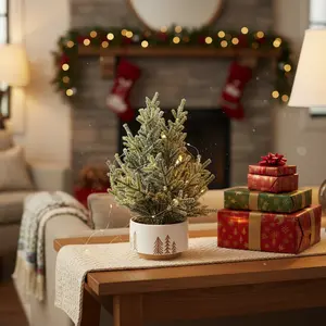 11.5" Frosted Xmas Tree in 4" Reversed Bowl Pot Ceramic White & Gold Handcrafted Christmas Arrangement Included