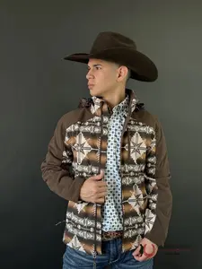 Men's Dark Brown Aztec Printed Softshell Jacket, Denim-Inspired Cowboy Tops-Coats-Shirts Style, PRM029RZY6