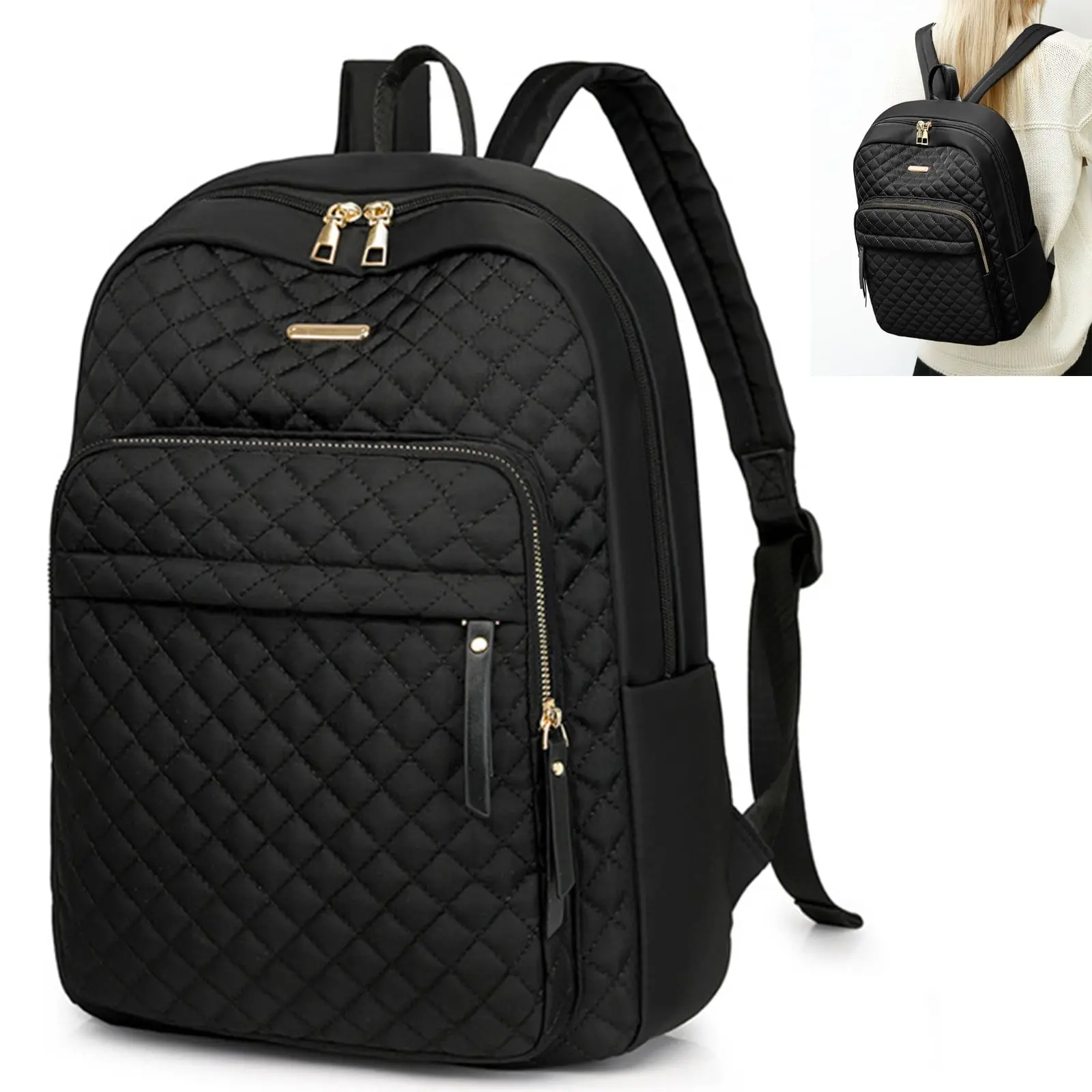 Travel Backpack For Women And Men, Water Resistant Nylon Laptop Backpack, Casual Daypack with Adjustable Straps, Large Bookbag, Black