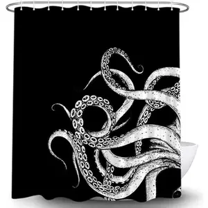 Octopus Decor Shower Curtain for Bathroom, Funny Black and White Sea Monster Kraken Animal Goth Fabric Shower Curtains Set, Unique Novelty Nautical Gothic Restroom Accessories with Hooks 72X72