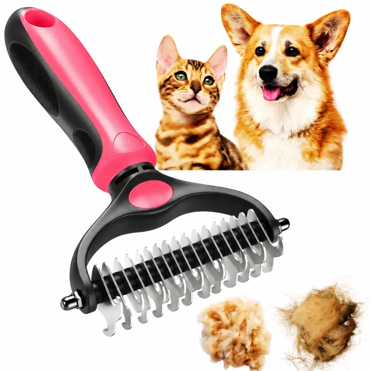 Double-Sided Pet Deshedding Brush - Hurtless Undercoat Rake Comb for Dogs, Cats, Reduces Shedding, Flying Hair