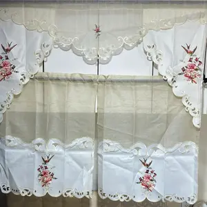 3 Piece Kitchen Curtain Stain Set Embroidered 60" x 38" Swag 60" x 36" Tiers Floral Design