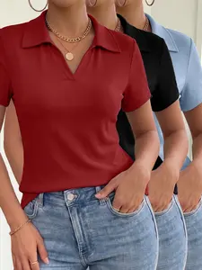 Women's Polo Neck Ribbed Short Sleeve T-Shirt 3-Piece Set, Casual Fitted Top, All Seasons Wear, Solid Color, Plain Surface