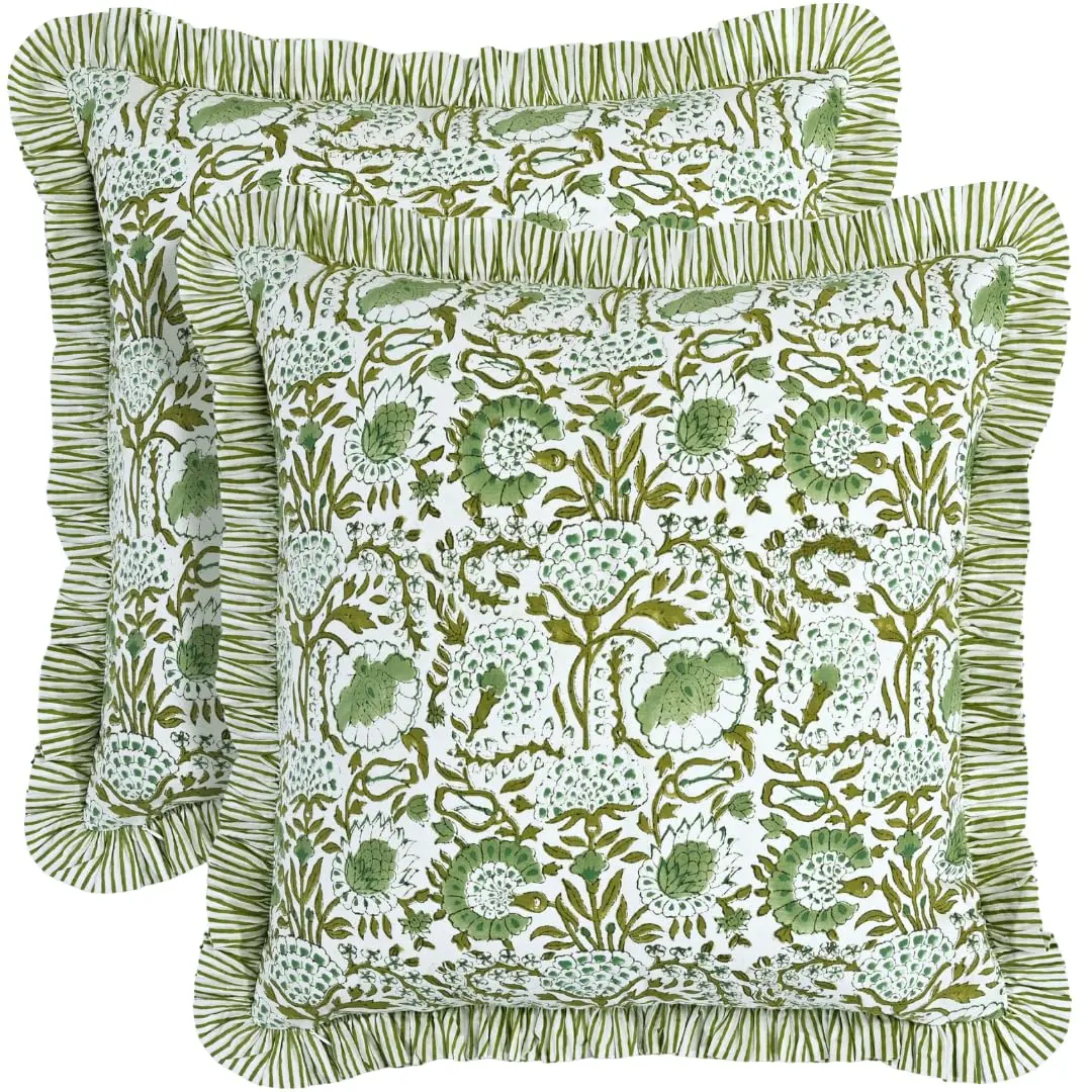 CPC Handmade 100% Cotton 16 x 16 Cloth Cushion Covers (2-Pack) - Cozy Soft Ruffled, Hidden Zipper, Double-Sided Hand Block Print, Farmhouse Room Decor for Sofa, Bedroom, Seasonal Gift, 16 X 16 (Pack Of 2)