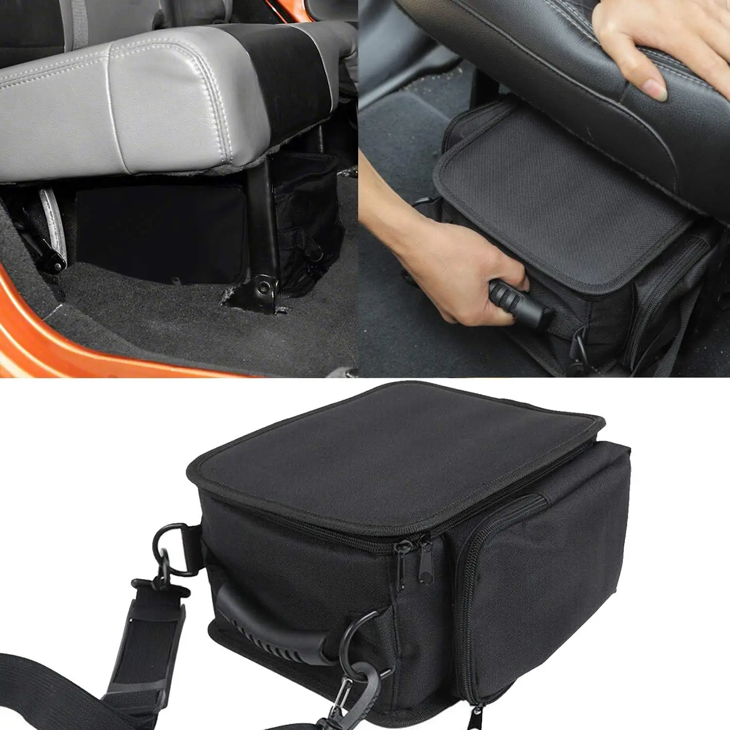Under Seat Organizer for 2007-2025 Jeep Wrangler JK JL JLU 4XE Sports Rubicon Gladiator JT Backseat Rear Under Seat Storage Bags Black Portable Storage Tool Kits Pocket-