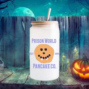 Pancakes 16 oz Libby Can Glass Drinkware Bamboo Wooden Lid Matte iced coffee cup Perfect Gift Beer tumbler glass cups with lid and straw Halloween Prison World Vampire Diaries Cute Halloween-Themed Drink