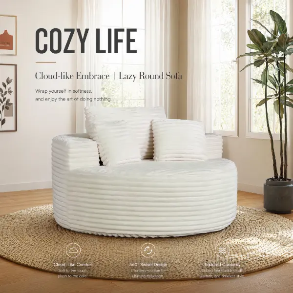 55 Inch Round Modular Chaise Lounge Sofa, Oversized Soft Corduroy Armless Deep Seat Leisure Circular Couch with 3 Matching Pillows, Multi-Size Neutral Lazy Sofa for Living Room Bedroom & Studio Apartment