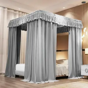 Elastic Roof Style Four Corner Post Bed Curtains Cozy Breathable Tent Net for Girls & Adults Bedroom Decoration (Grey, 47-53" W*78" L*82"*H/Twin-Full)