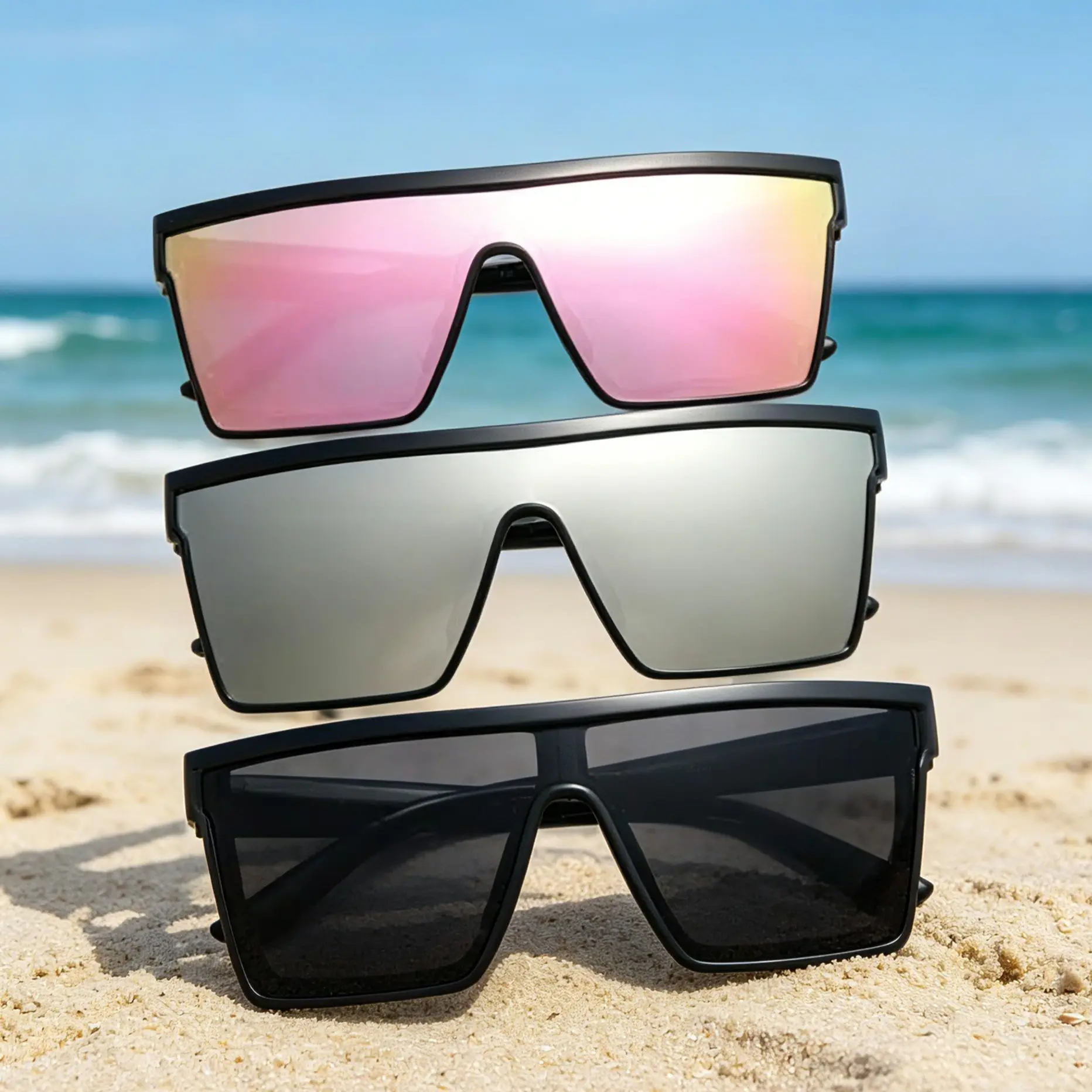 Women's Oversized Square UV400 Sunglasses - 3Pcs Flat-Top Shield Eyewear, Trendy Mirrored & Black Shades, Large-Frame Beach Surfing Sunglasses, Fashionable Multifunctional Shades for Driving, Daily Use