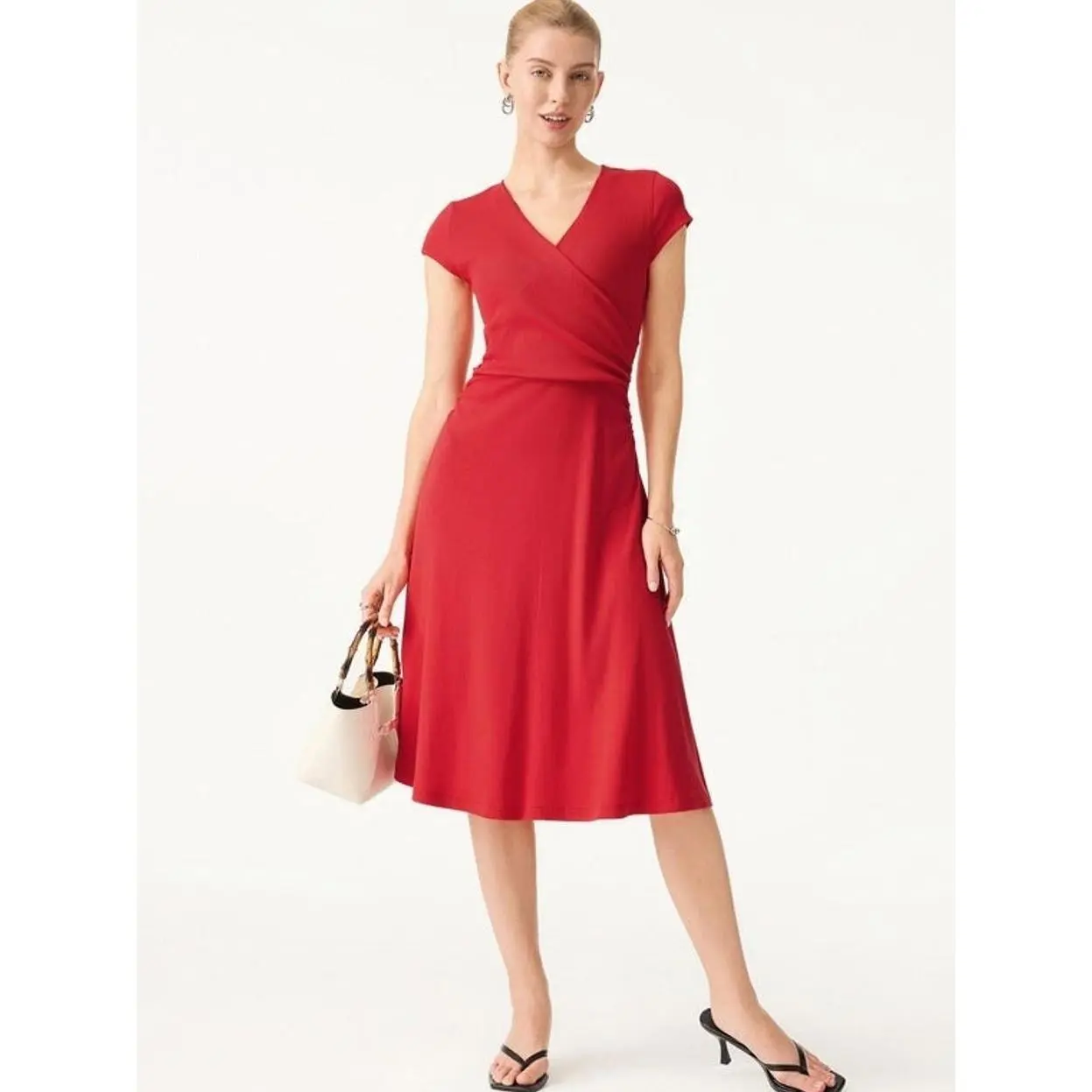 Women's Casual Stretch Cotton-Spun Spandex-Viscose Fabric Surplice V-Neck Cap Sleeve Smooth Stretchy Midi Dress - True Red, Fit