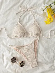 Vintage Crochet Triangle Bikini Set, Boho Vacation Style, Tie Back Bikini, Adjustable Halter Neck, High Waist Tummy Control, Quick Dry, Women's Beach Swimwear, Halter Bikini Swimsuit