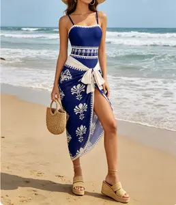 2026 Resort-Ready Embroidered Swimsuit & Sarong Set - Navy Blue One-Piece Bathing Suit with White Floral Trim + Matching Printed Wrap Skirt, Elegant Swimwear for Vacation Photoshoots and Beach Days Summer Vibes