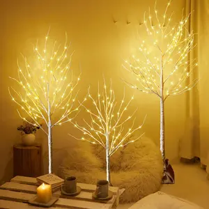 Outdoor Christmas Decoration Lighted Birch Tree, 3 Packs LED Prelit Light up Tree with Burlap Decor, Warm White, Power  by Adaptor, Xmas  Year Indoor&Outdoor Decor(4FT&5FT&6FT)