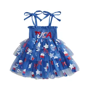 Kids Toddler Baby Little Girl 4th of July Dress Star Bow Popsicle Tie Shoulder A-line Layered Tulle Dresses Summer Princess Party Dress