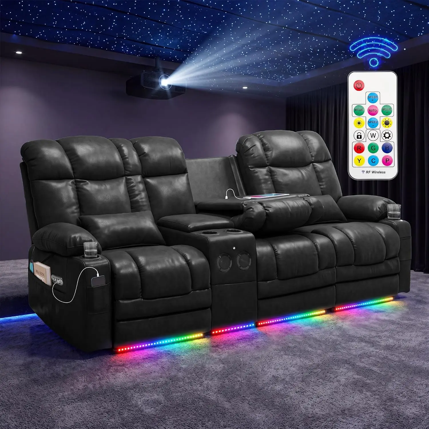 【2-4 Packages Ship】3-Seater Power Recliner Sofa with Dual Consoles, RGB LED Light Massage & Lumbar Heat, Home Theater Seating with Wireless RF Remote, Cup Holders, USB Ports, Bluetooth Speaker, PU-Black
