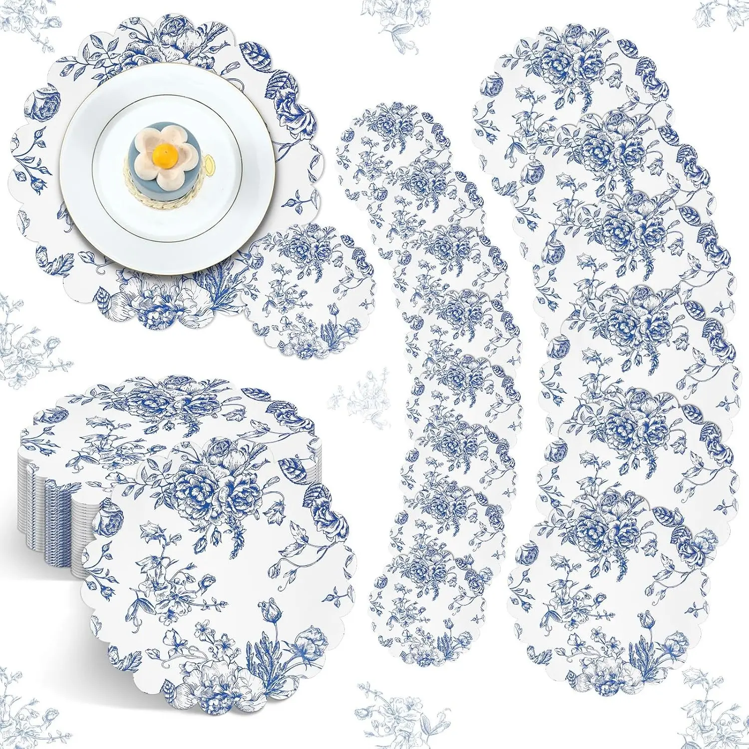 100 Pcs Vintage Blue Floral Placemats & Drink Coasters 50 Disposable Blue Flower Paper Placemats & 50 Drink Coasters Dining Table Decor Floral Tableware Bulk for Table Wedding Tea Party Decor