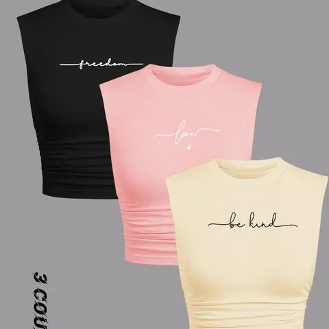 Women's Letter Print Round Neck Statement Tee, Casual Slim-fitting Sleeveless T-shirt Top, Ladies Summer Clothes for Daily Wear Beach, Tee Shirt Tops