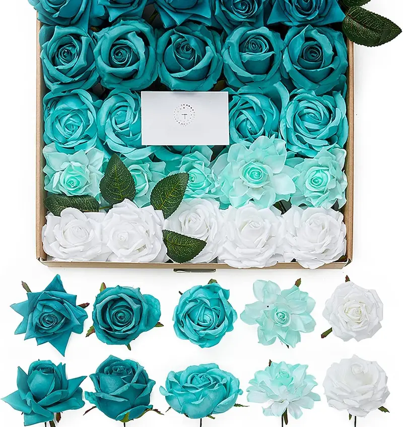 Artificial , 25 count Real Looking Teal Green Rose  Roses w/Stem for DIY Wedding Bouquets Centerpieces Arrangements Party  Shower  Decorations