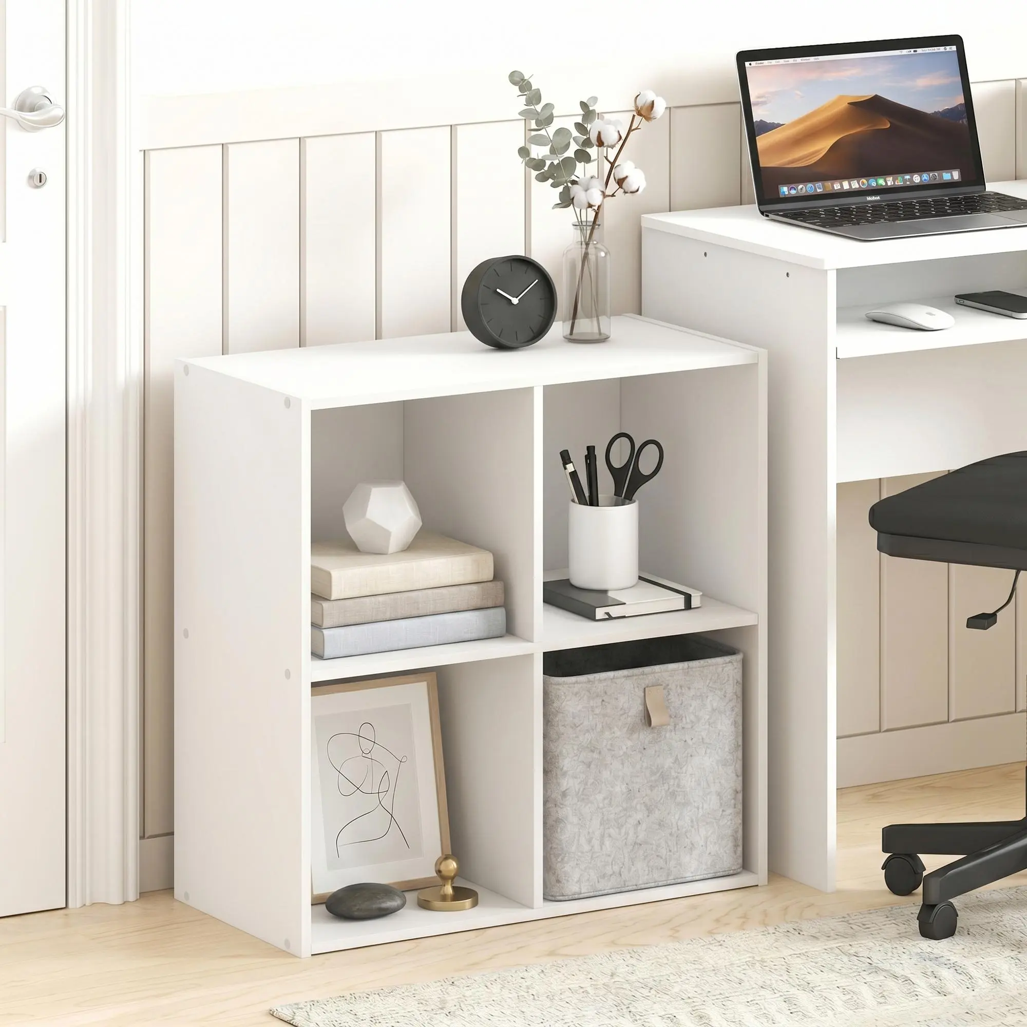 LUDER Minimalist Rectangular 4-Cube Bookshelf - Open Shelves Bookcase, 11.1x23.9x24in Small Size Space-Saving Indoor Furniture for Living Room, Home Office, White Room Divider