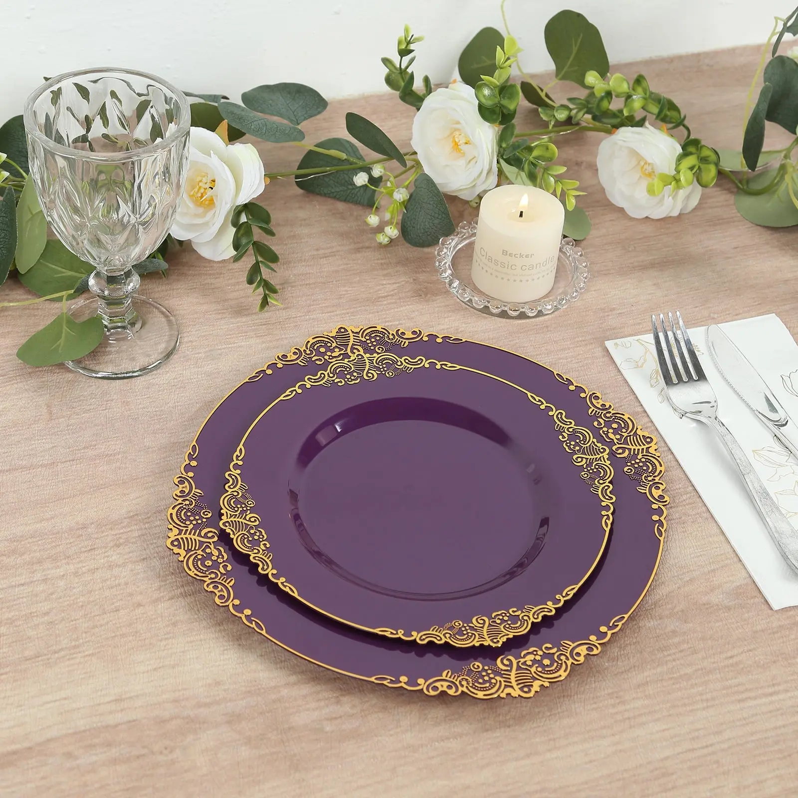 10-Pack Elegant Plastic 8" Round Disposable Dinnerware - Purple Vintage Plates with Gold Leaf Embossed Rim, Disposable Baroque Style Salad Plates for Weddings, Elegant Plastic Plates