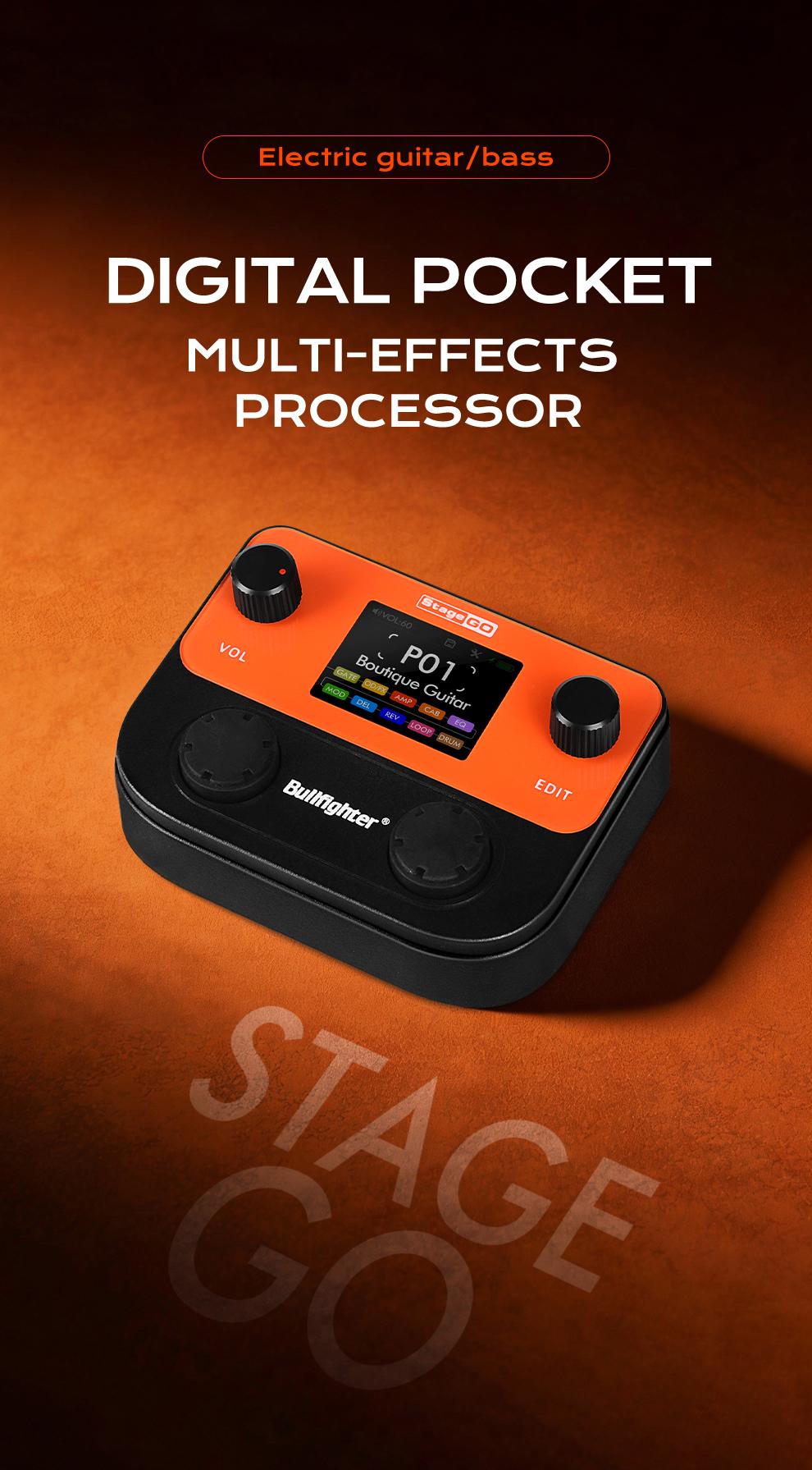 Bullfighter StageGO Digital Pocket Multi-Effects Pedal – Portable Guitar/Bass Processor with Built-in Battery, Bluetooth APP, USB Audio, 40+ Effects (Distortion/Delay/Reverb/Chorus) – Perfect for Beginners, Practice & Small Gigs