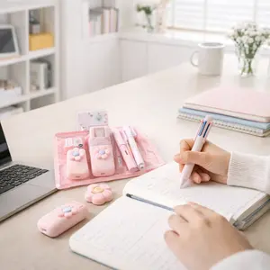 Pink Kawaii Stationery Set, 7 Piece Cute Writing Supplies for School Office and Home, Includes Ballpoint Pen, Retractable Gel Pen, Eternal Pencil, Highlighter, Eraser, Correction Tape and Utility Knife, Back to School Gift for Girls and Students