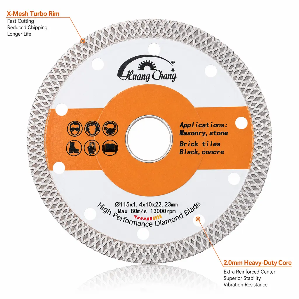 HUANG CHANG 4.5" Ultra-Thin Diamond Blade (1.4mm) - X-Teeth Mesh Turbo Rim for Porcelain & Ceramic Tile, Chip-Free Cutting Disc (7/8" Arbor)