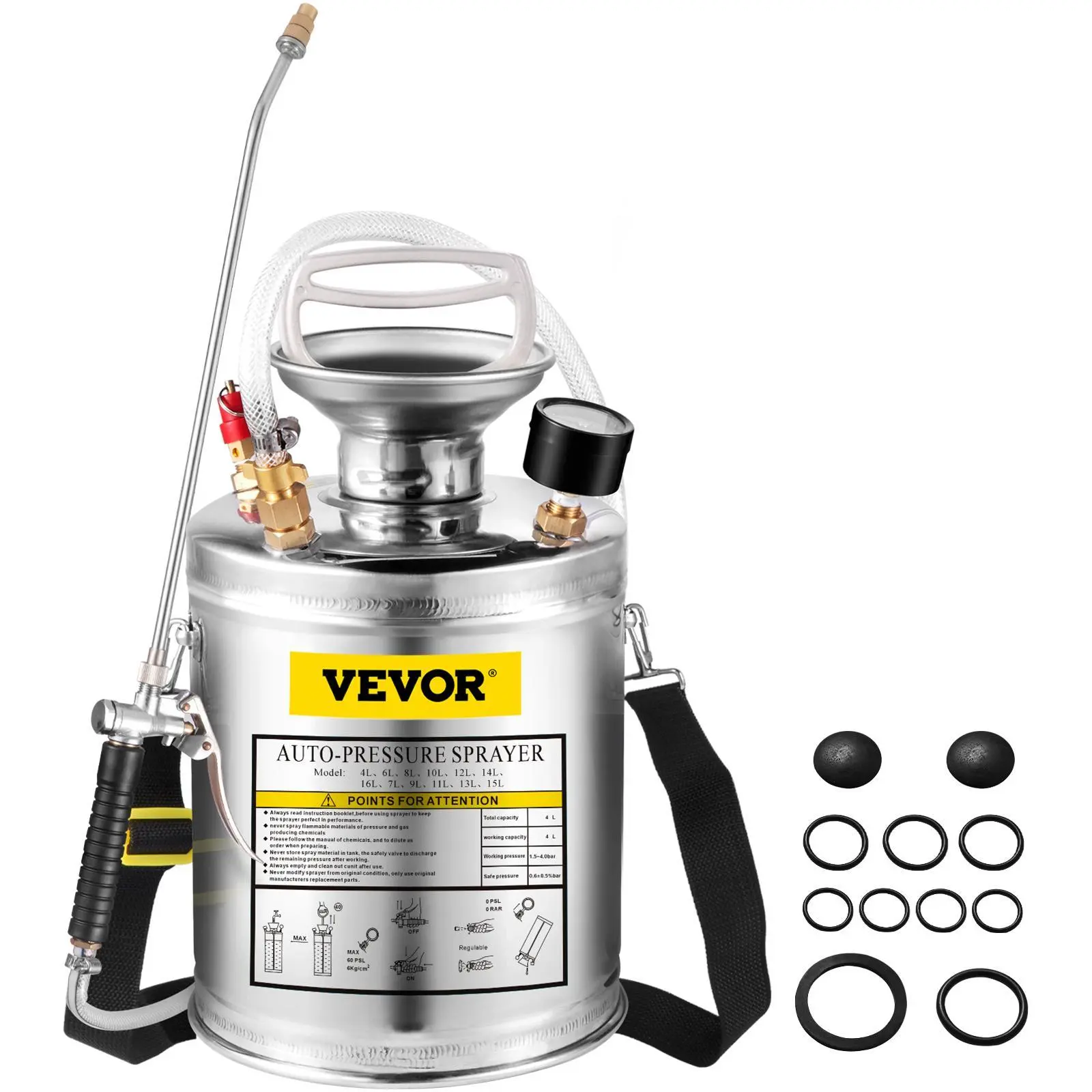 【SummerFinds】VEVOR 1Gal Stainless Steel Hand Pump Sprayer,  , Set with 12" Wand& Handle& 3FT Reinforced Hose, Pressure Gauge&Safety Valve, Adjustable Nozzle Suitable for Gardening and Sanitizing, Silver