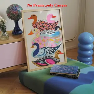 1 pc, wall art, vintage poster, funny colorful duck art print, trendy animal pattern kitsch dopamine canvas painting, living room decoration, bedroom aesthetic design, Modern Home Decoration, gift for friends, housewarming gift, unframed