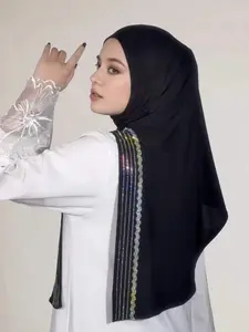 Luxurious Striped Rhinestone Headscarf, Boho Style Contrast Sequin, Lightweight Evening Hijab, All Seasons Fashion Accessory, Women