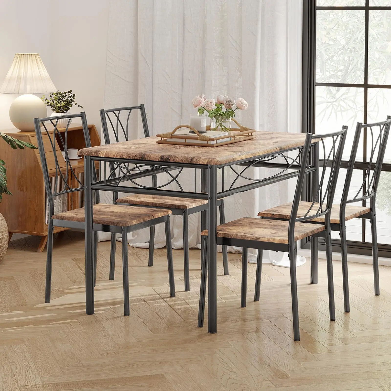 GARVEE 5-Piece Dining Table Set for 4, Metal and Wood Indoor Modern Rectangular Furniture Set for Kitchen, Dining Room, Dinette, Breakfast Nook with 4 Chairs