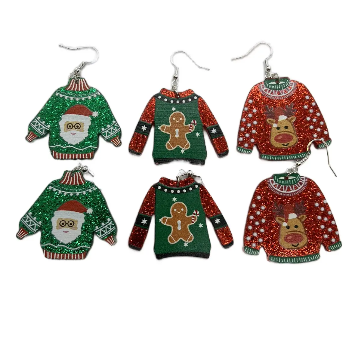 Ugly Christmas Sweater Earrings - 3 Designs: Santa, Gingerbread, and Rudolph - Acrylic