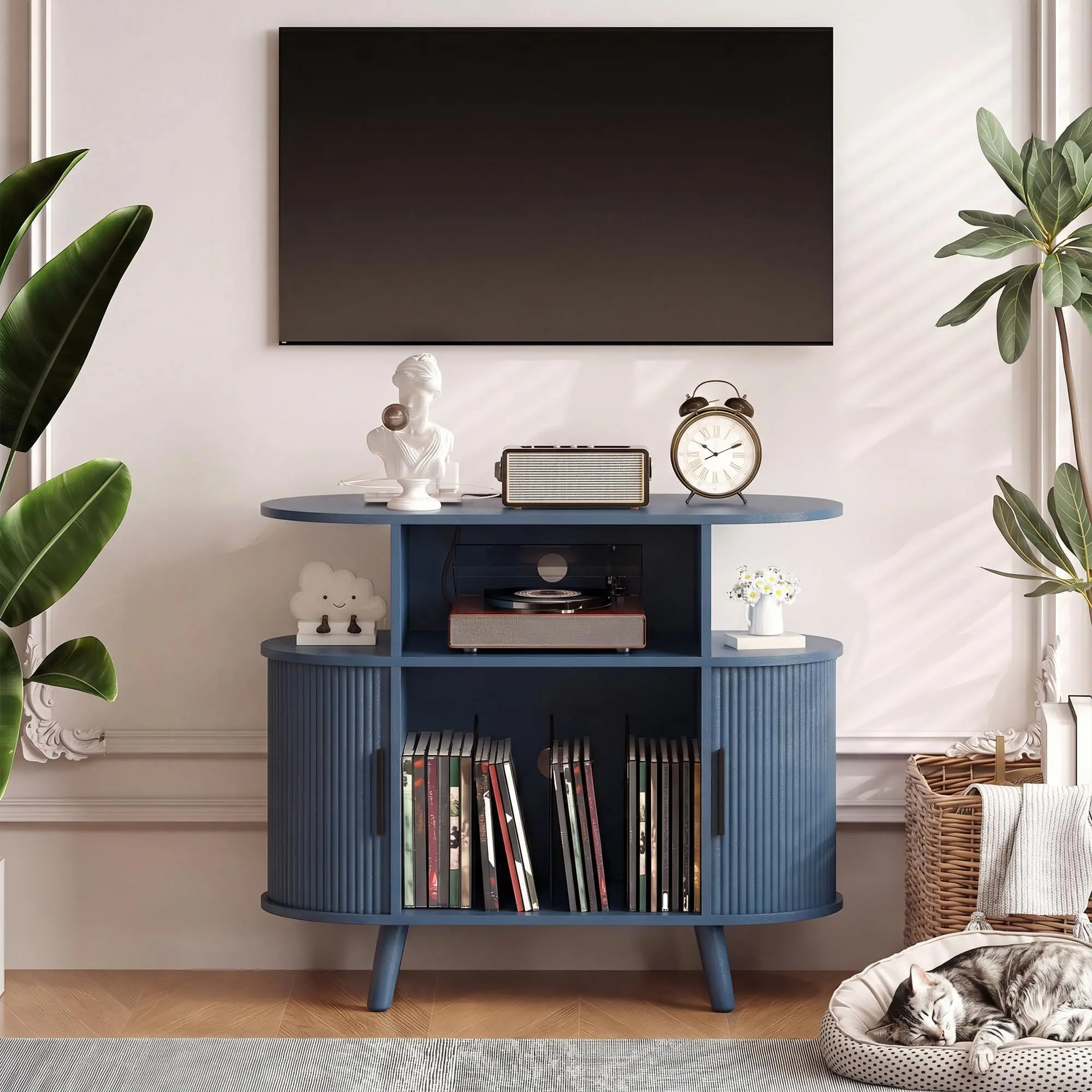35 Inch Round Record Player Stand, Fluted Mid Century Modern Turntable Cabinet with Charging Station, Open Shelf & Vinyl Storage, Media Console for Living Room Bedroom Music Room,Blue