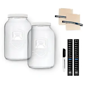 Printed Gallon Kombucha Glass Jar - 2 Pack + Muslin Covers, Rubber Bands, Temperature Strips, and Jar Markers