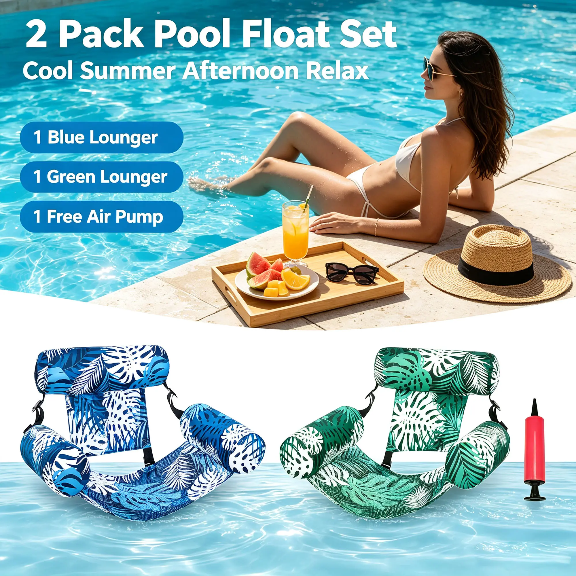 Pool Party Must-Have 2-in-1 Inflatable Water Floating Hammock Set, Blue & Green Separated Design Swimming Lounger with Free Air Pump for Adult Friends Summer Water Party