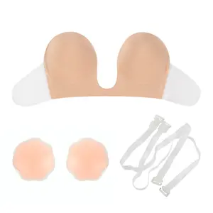Women's Strapless Push Up Adhesive NU Bra With Nipple Tape and Transparent Strap