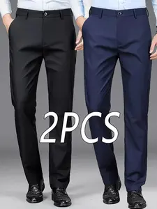 Men's Business Formal Pants, Elastic Office Long Pants with Button Closure, Classic Straight Fit, Suitable for Office, Meetings, Activities