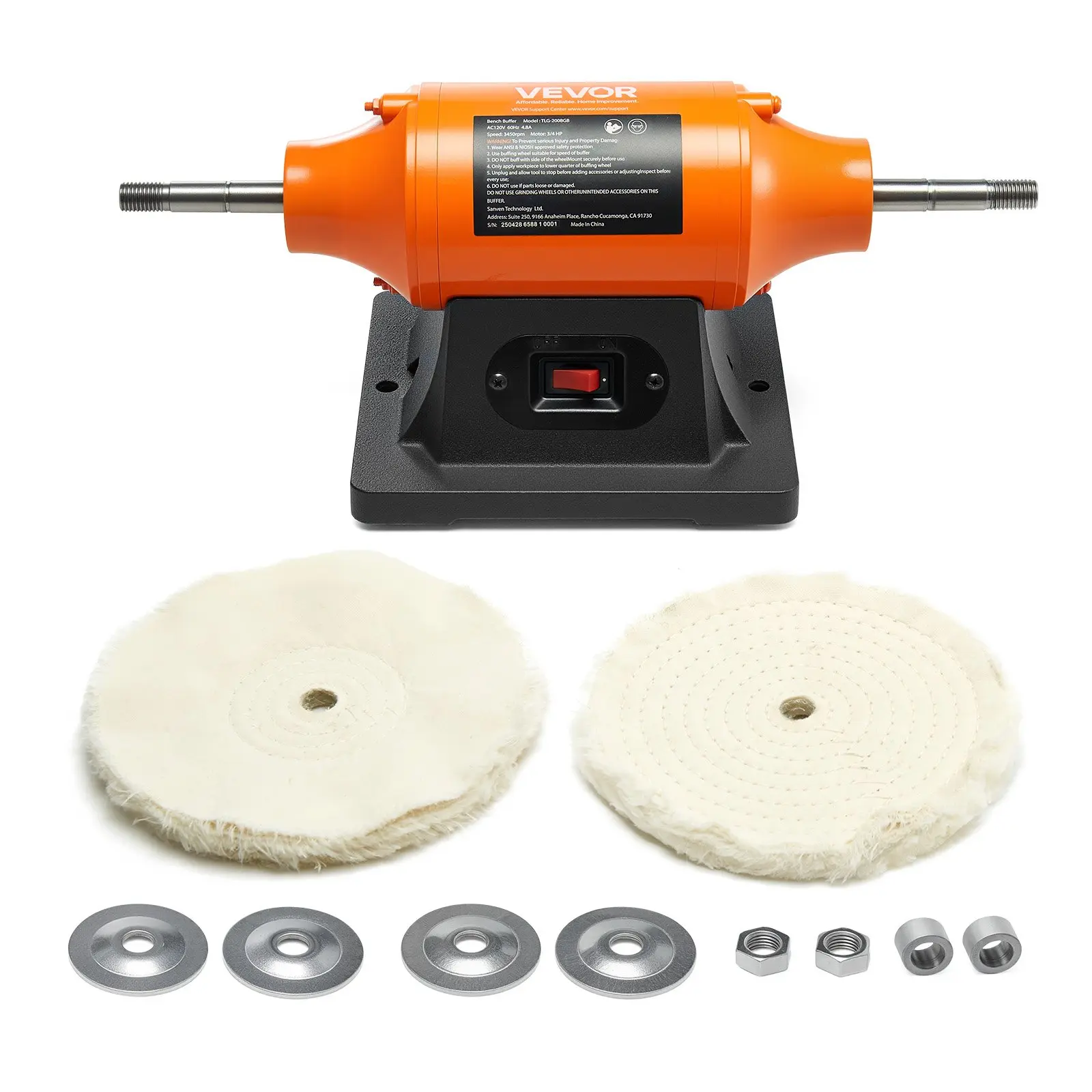 VEVOR 3/4HP 8-in Single Speed Bench Buffer Polisher, Cast Iron Base Benchtop Machine with 2pcs Cloth Wheels, 3450rpm for Metal, Wood Polishing, Fixed Speed