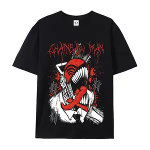 Denji and Pochita CSM Retro Anime American-Style T-shirt Casual Style 100% Cotton Fabric Made in the USA Dark Comic Street Style Loose A-line Fit Unisex Fashionable Daily Wear