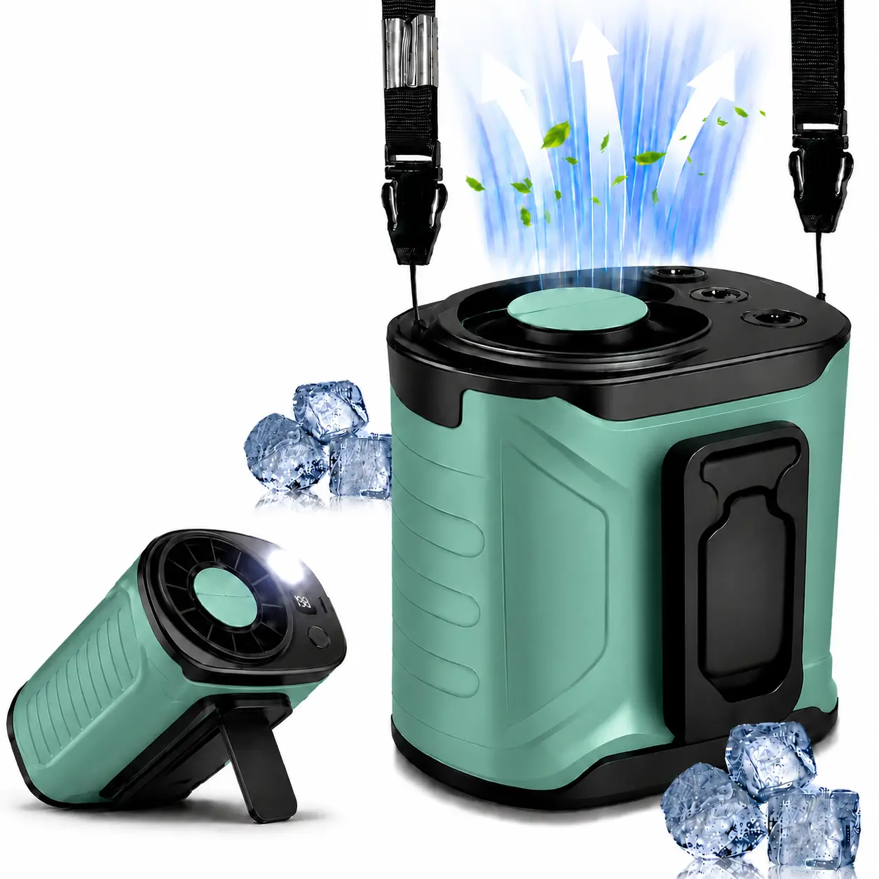 Portable waist-hanging fan, perfect for staying cool in summer, outdoor sports, and watching games. Comes with an emergency LED light, 3-in-1 cooling fan, low noise, a must-have for the outdoors.