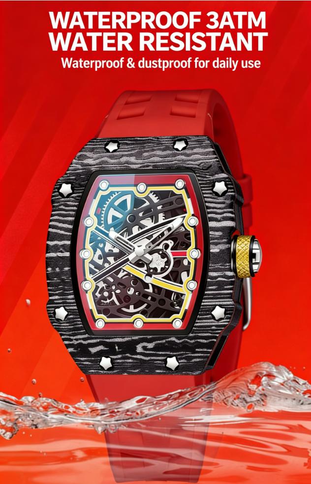 Fashion Skeleton Quartz Watch for Men, Carbon Fiber Design, Red Silicone Band, Perfect for Daily & Sports