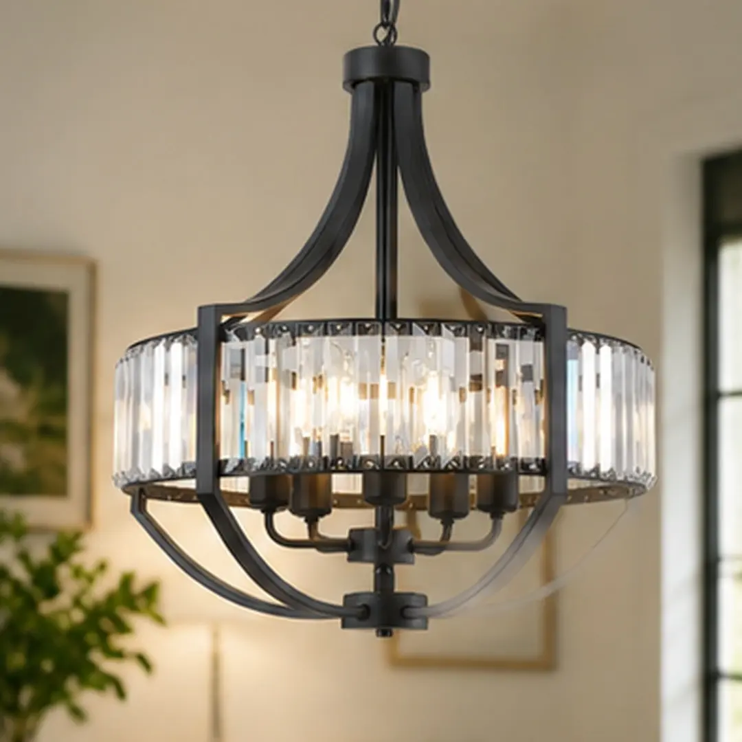 20-Inch Modern Farmhouse Crystal Chandelier, 5-Light Black Iron Pendant Light Fixture, Dimmable Hanging Ceiling Lamp for Dining Room, Living Room, Bedroom, Kitchen Island, Foyer, Entryway, Hallway, Black Color Options, Iron Material