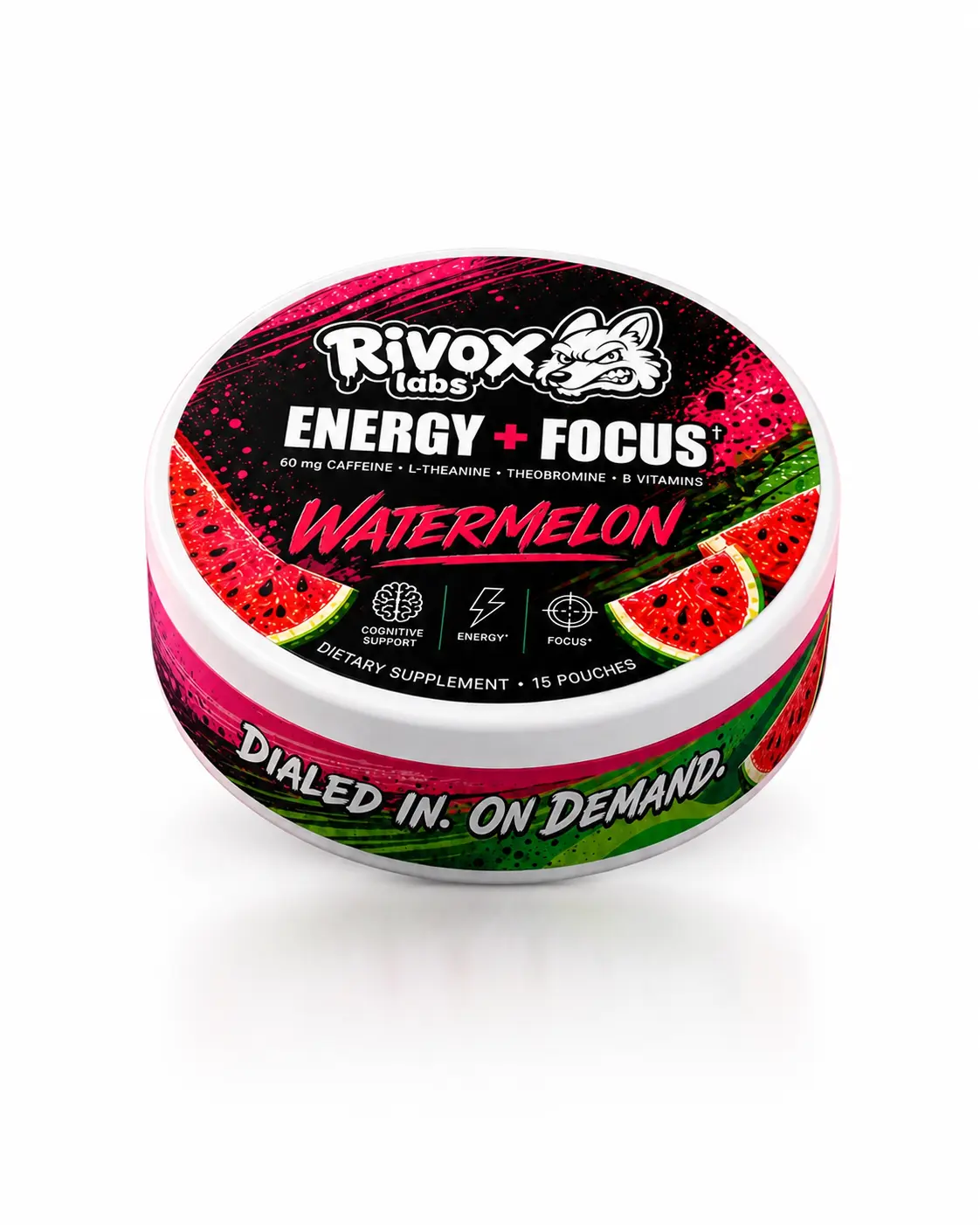 Rivox Focus Pouches, Watermelon Flavor, 0-Nicotine Energy & Focus Herbal Supplement, Caffeine + L-Theanine (No Crash)