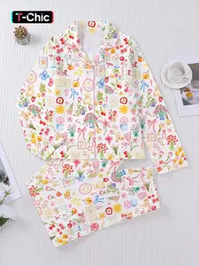Women's Cartoon Floral Bow Print Sleepwear Set, Pajama Set, Long Sleeve Button-Down Top & Elastic Pants, Casual Fall Winter Home Clothes