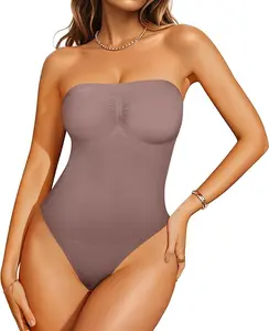 Nebility Strapless Women's Shapewear Thong Bodysuit - Tummy Control Slimming Body Shaper Umber Medium Adjustable Fit Lightweight Seamless Soft Nylon Spandex
