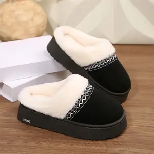 Women's Fuzzy Lined Platform Slippers Warm Winter House Shoes with Decorative Stitching Indoor Outdoor Shoes