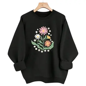 Wildflower Daisy Graphic on Black Long Sleeve – Pastel Floral Bouquet Cottagecore Top