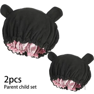 Parent-child cute bear sleep cap, thickened double-layer sleeping cap, adjustable elastic band to prevent hair tangling, 2pcs