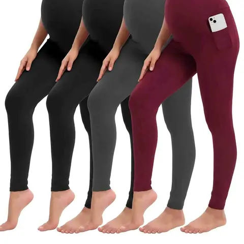 Cymebosilux Women's 4-Pack High-Waist Elastic Waist Maternity Apparel - Slim-Fitted, Bump-Friendly, Above-Ankle, Pocketed, Medium Size Pregnancy Clothes for Yoga & Workout