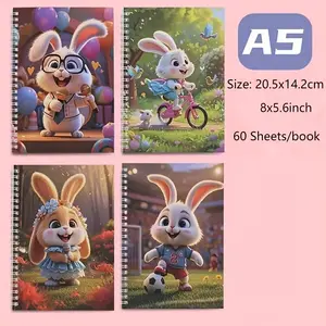 Set of 4 A5 Spiral Notebook, 8x5.6 Inch, 60 Sheets Each, Cute Cartoon Rabbit Cover, Portable, Ideal for School Office Use